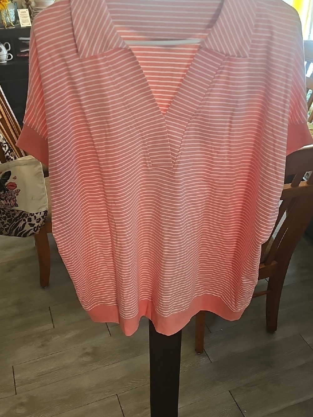Amazon Coral and White Striped V-Neck Tunic Top